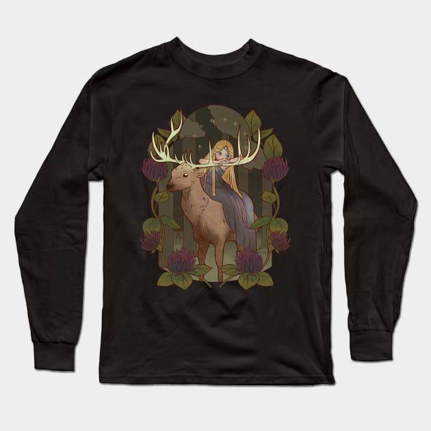 Fairy Tale Deer in in the Magical Forest Long Sleeve T-Shirt by Kali Space